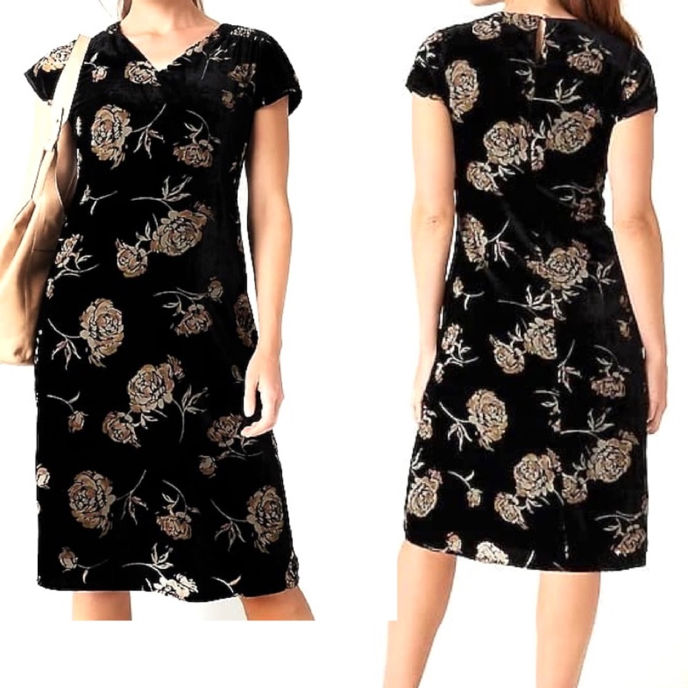 J. Jilll Black Velvet Floral Smocked V-Neck Dress NEW Pure Jill